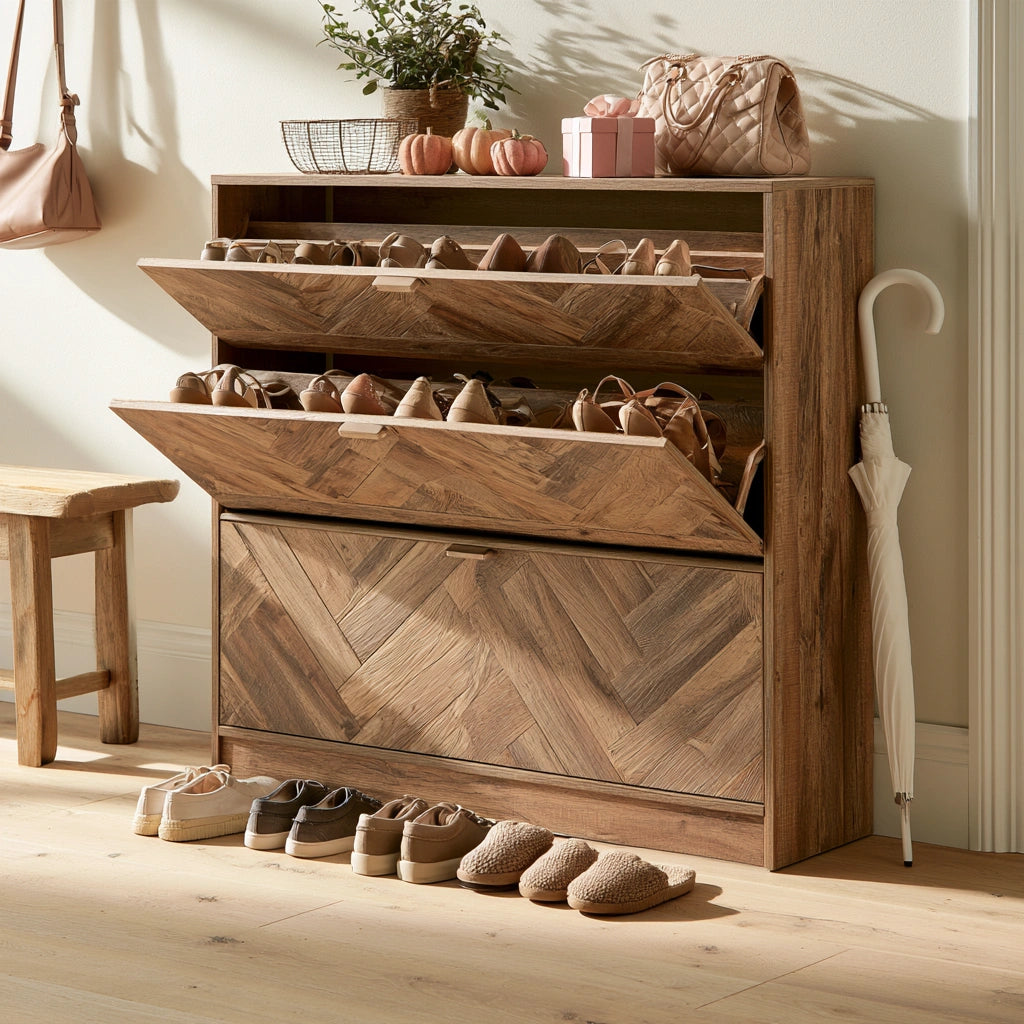 Schuhschrank, aus Holz, Farbe: hellbraun