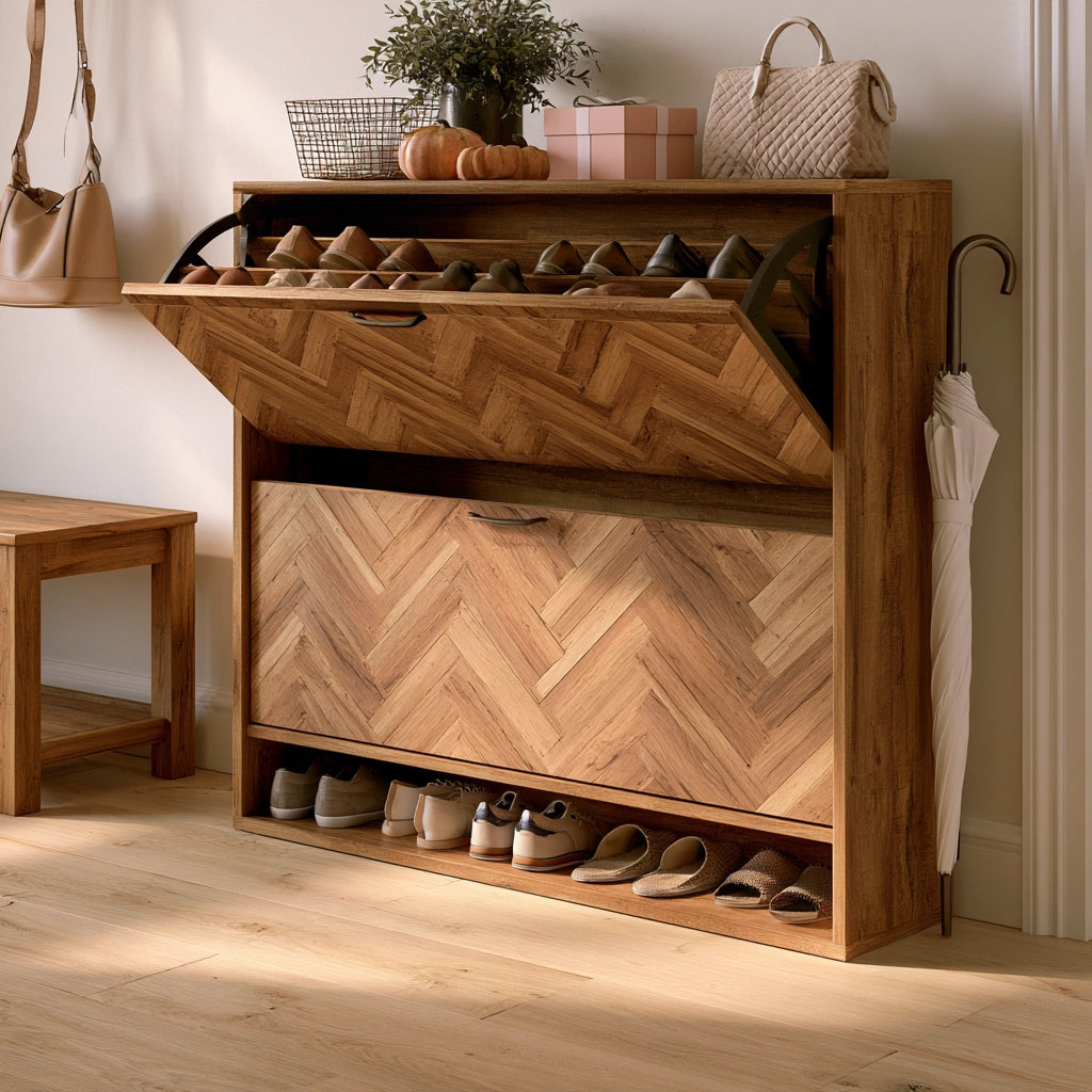 Schuhschrank, aus Holz, Farbe: hellbraun